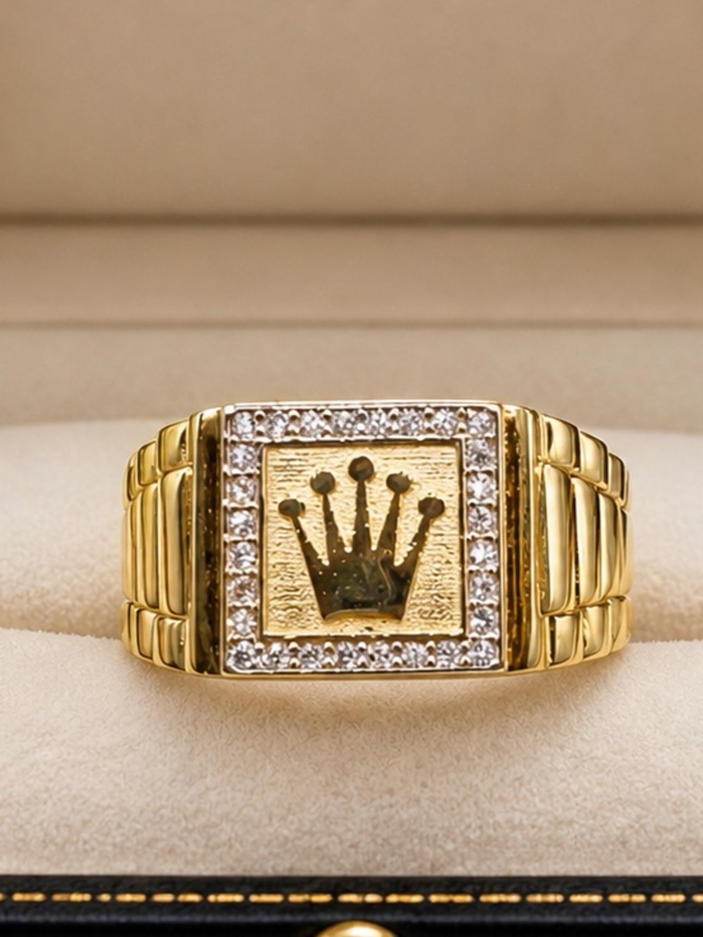 Gold-Tone Crown Signet Ring with Pavé Accents